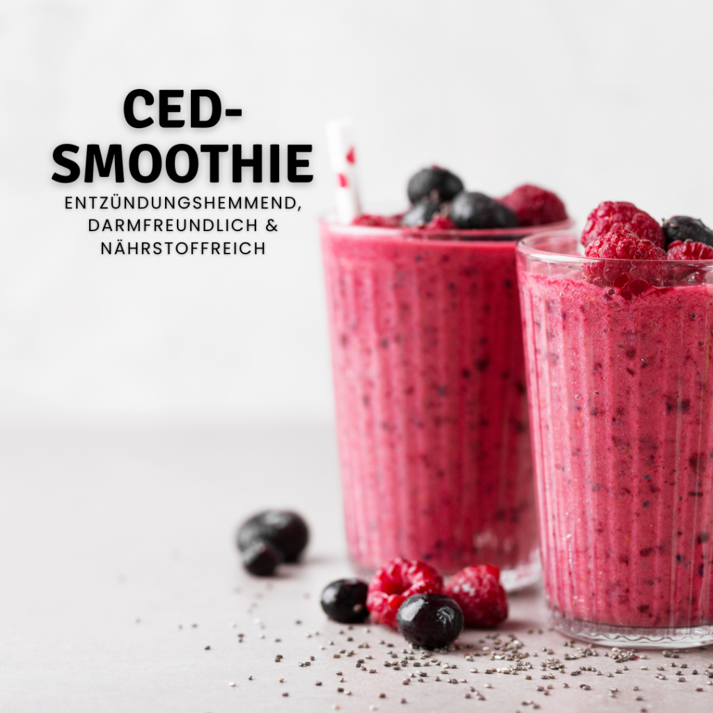 Das Bild zeigt zwei pinkfarbene Smoothies auf der rechten seite des Bildes. Die Smoothies sind mit Blaubeeren und Himbeeren garniert, die sich auf dem smoothie befinden. In einem der Smoothies stehckt ein Strohhalm Drum herum sind Chiasamen verstreut. Das Bild steht symbolisch für leicht verdauliche Lebensmittel, die in Form eines Smoothies vorgestellt werden. Das Bild wird für einen Rezeptbeitrag über einen cED-freundlichen Smoothie verwendet. Der CED-Smoothie besteht unter anderem aus Banane, Weizenkleie, Haferflocken und Hafermilch aber auch vielen anderen Stoffen, die gut vom Darm vertragen werden. zusammen mit hilfreichen Erklärungen..
